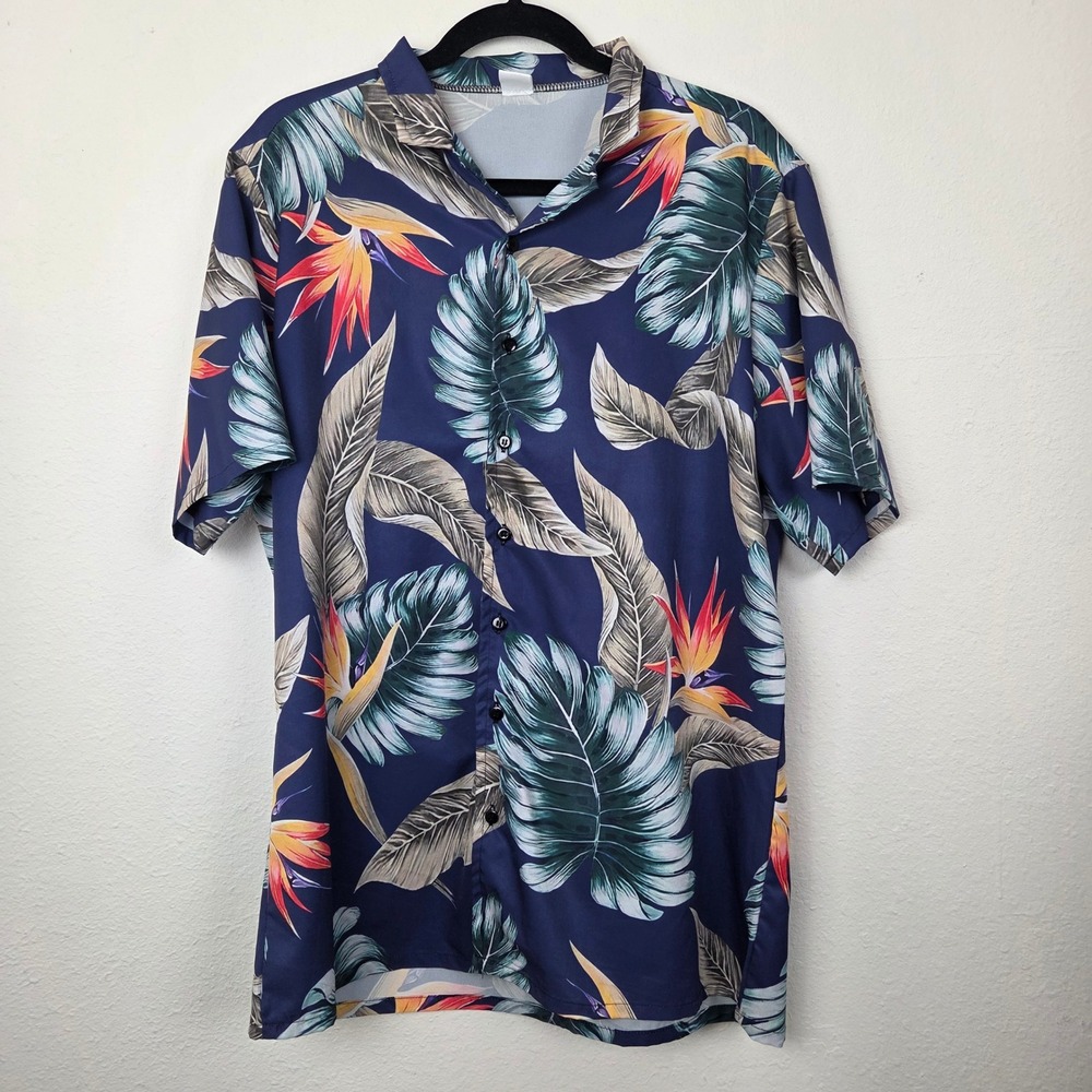 VinCo Hawaiian Shirt Mens Blue Bird of Paradise Floral Tropical Short Sleeve L